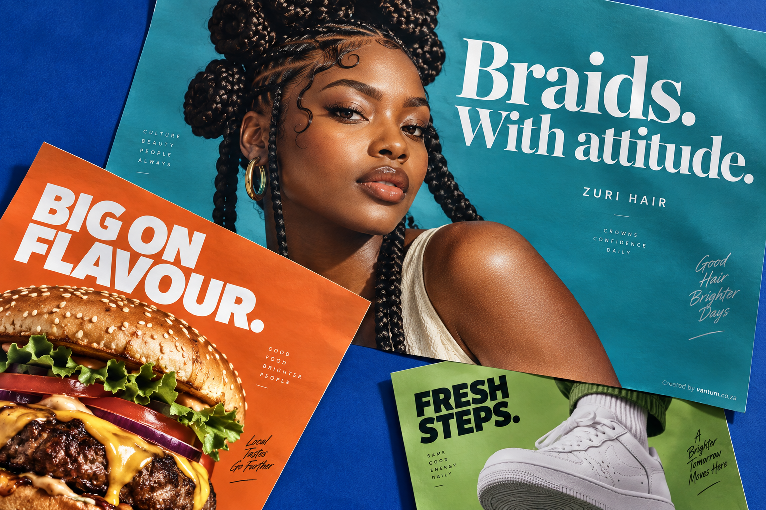 Example adverts: a braided hair campaign, a burger advert and a sneaker campaign.