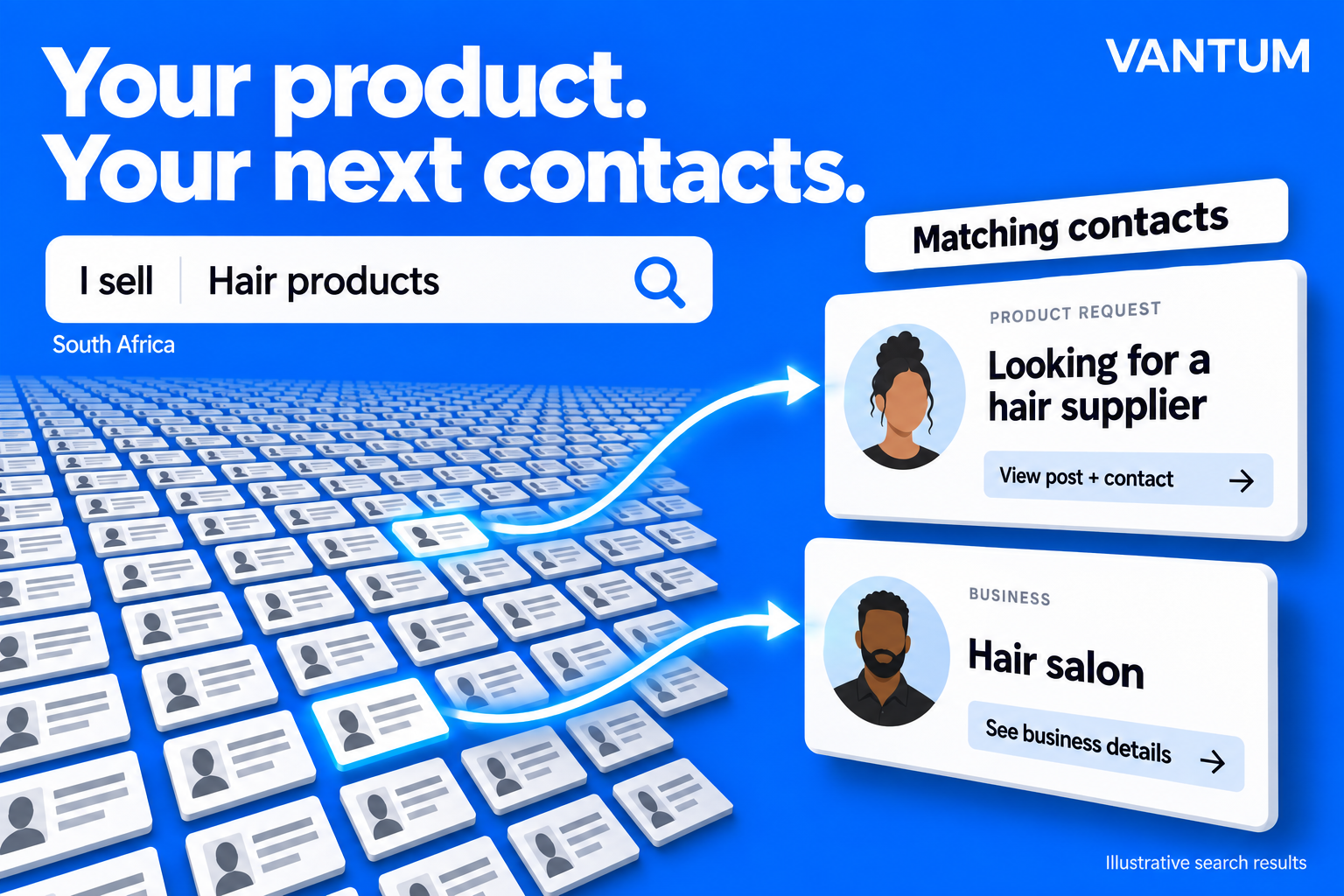 Illustration: Vantum searches a large database for hair-product requests and matching business contacts.