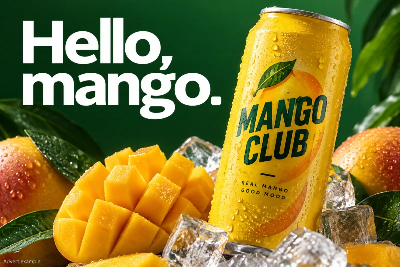 Illustrative mango drink advert showing product photography and bold lettering