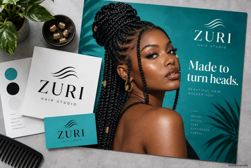 A coordinated hair salon logo, colours and finished campaign advert. Brand example.