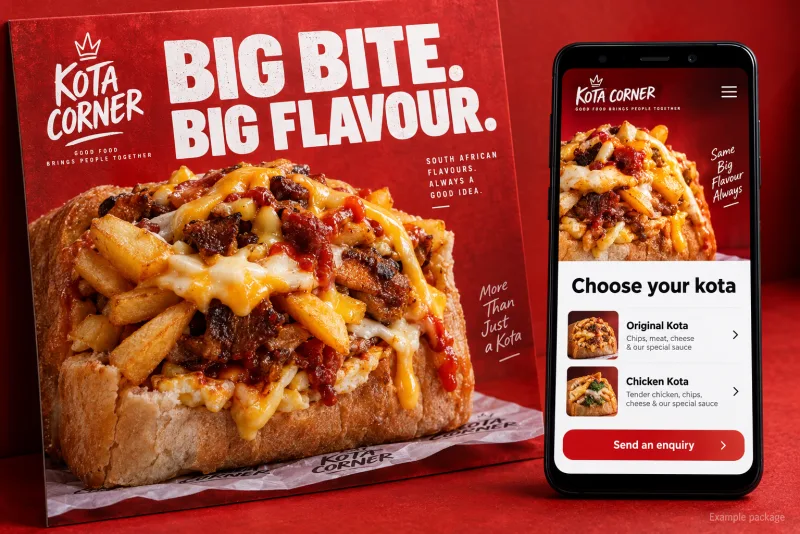 A kota food advert beside a matching mobile order page. Example package.