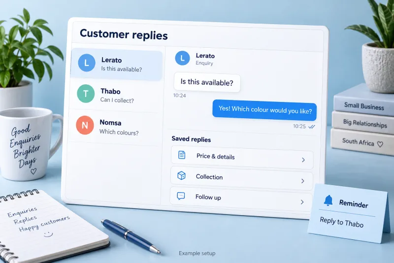 An example customer reply workspace with saved replies and a follow-up reminder.