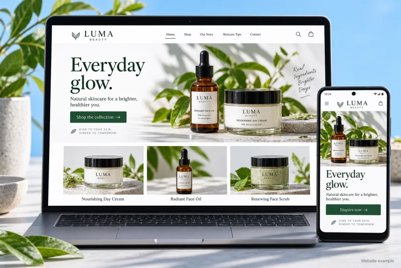 Illustrative skincare business website on a laptop and mobile phone