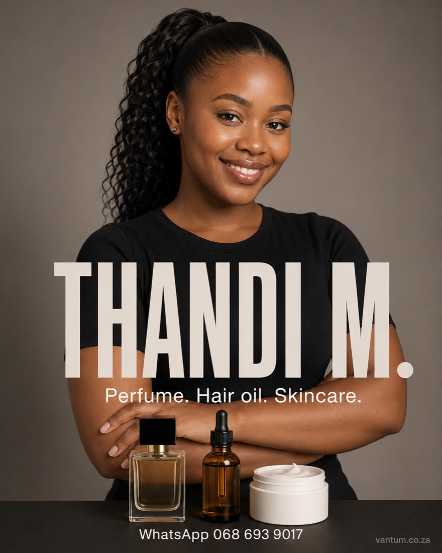 A poster with the seller's face, name and products on it