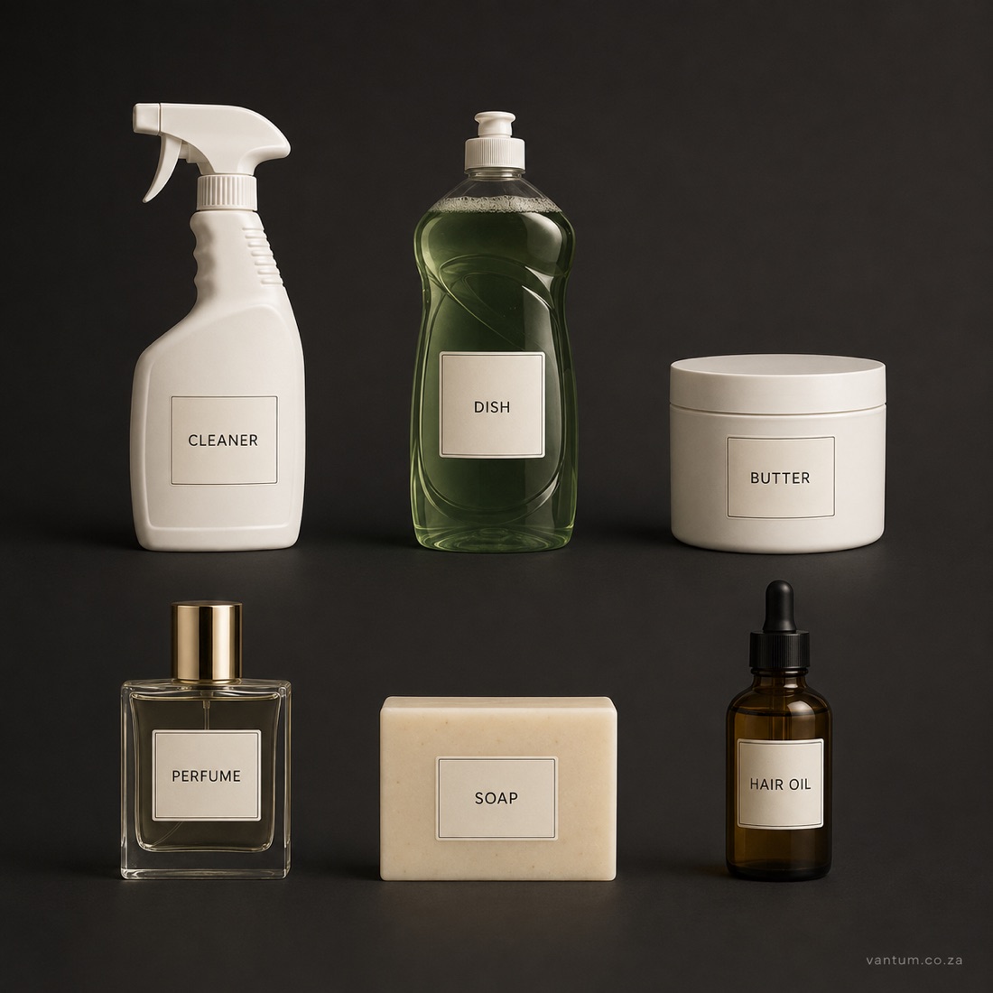 Six products laid out in one catalogue page in the same studio look