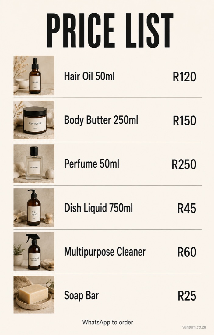A clean board listing the seller's products and their prices