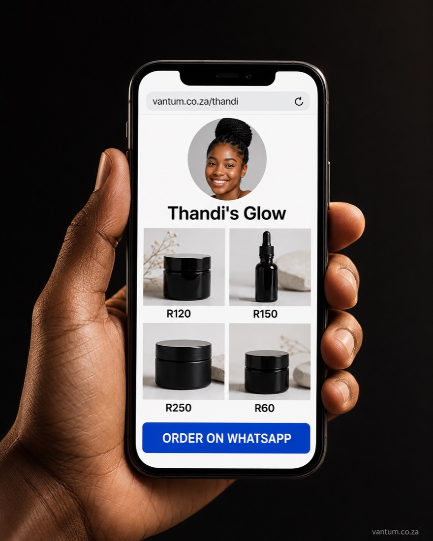 A seller's own shop page on a phone, with their face, products and prices