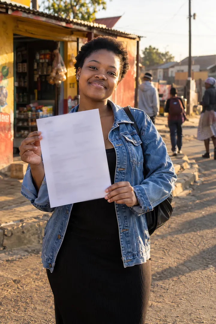 A smiling young woman holds up her new CV on a busy street