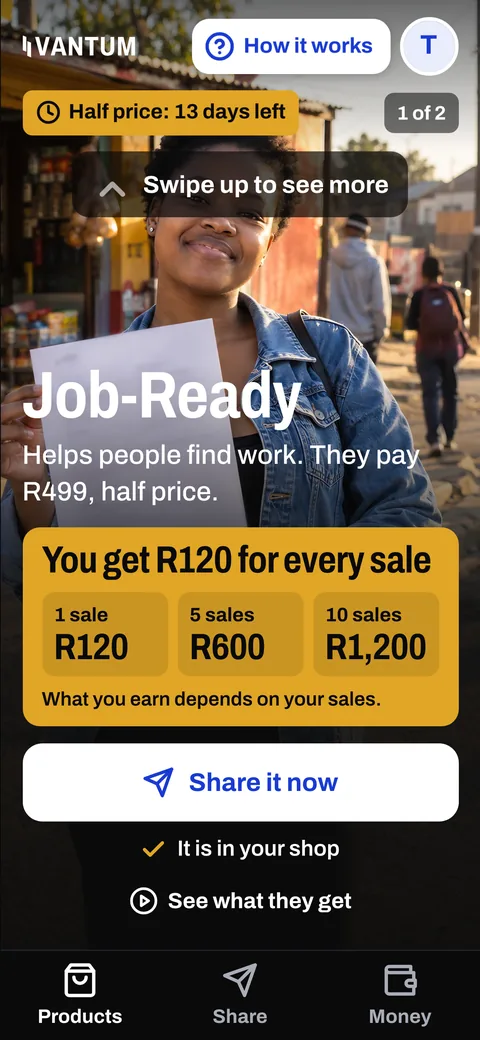 The Shop's product screen: Job-Ready, you earn R120 for every sale
